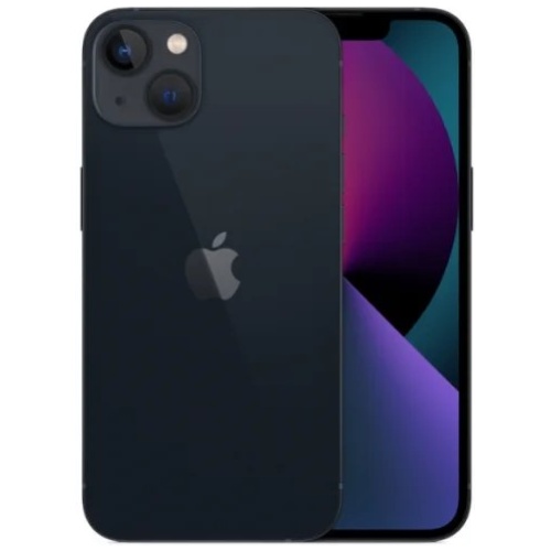 Sætning med produktnavn: Apple iPhone 13, 128GB - Sorter smartphone med et dobbeltkamerasystem, der viser et farverigt geometrisk tapet på skærmen.