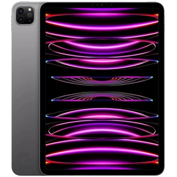 En Apple iPad Pro 11" (2020) 4Gen 128GB WiFi - Space Grey med en mørk ramme, der viser et levende, flerfarvet lysmønster på skærmen. Enheden er vist forfra med et delvist billede af bagsiden.