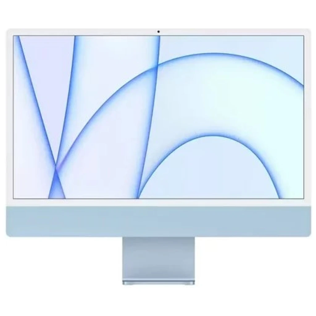 En Apple iMac 24"(2021), M1, 8GB, 256GB SSD med et minimalistisk lyseblåt design og en stor skærm isoleret på en hvid baggrund.