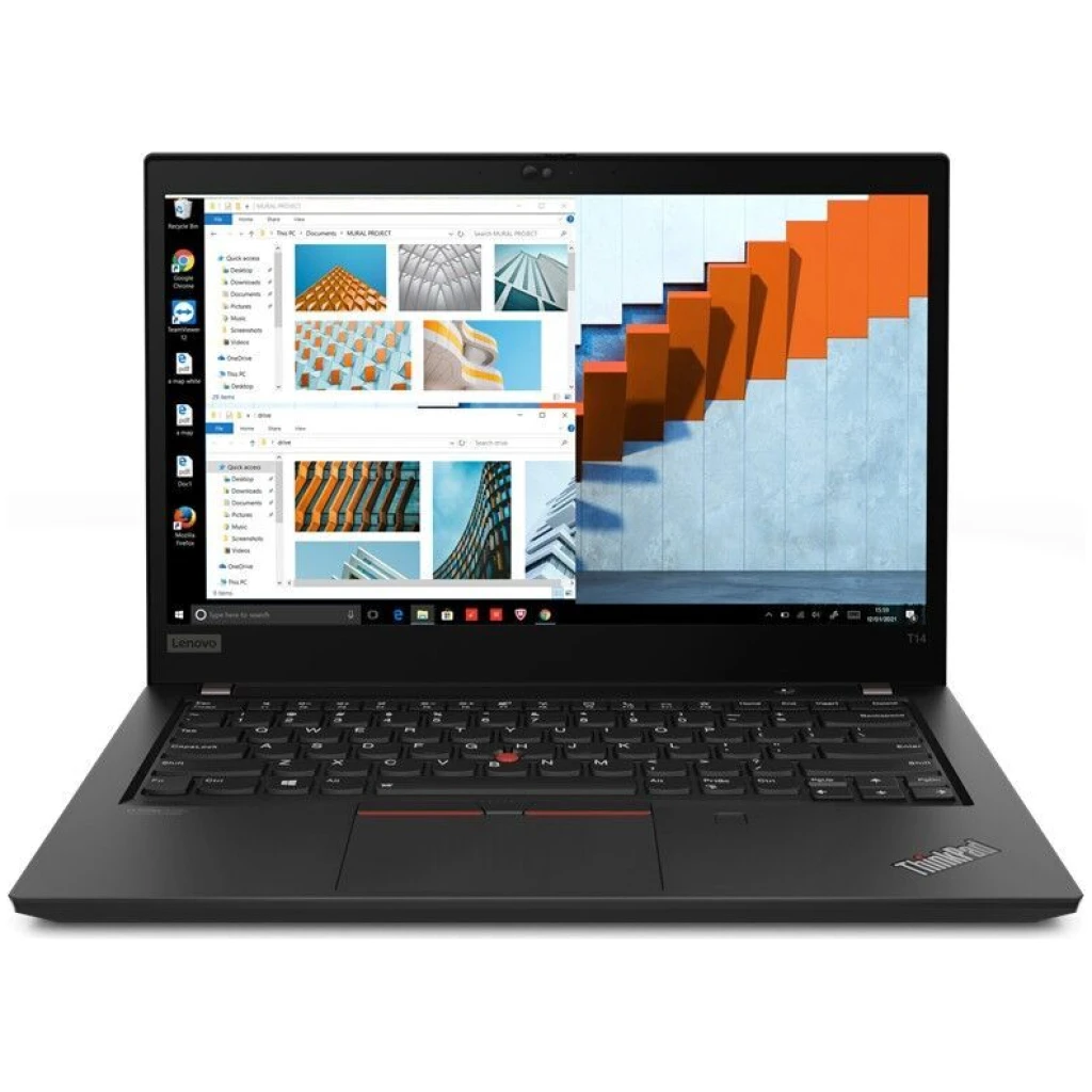 En bærbar Lenovo ThinkPad T14 G2, der viser arkitektoniske designbilleder på skærmen, set fra en vinkel, der viser tastaturet og skærmen.