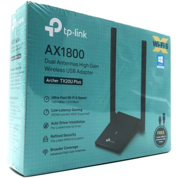 En TP-Link Archer TX20U plus V1 Netværksadapter i emballagen, der fremhæver funktioner som ultrahurtig Wi-Fi 6-hastighed, spil med lav latens og bredere dækning.