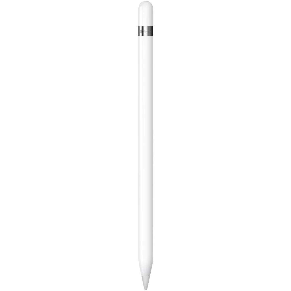 Apple Pencil 1. generation er en hvid stylus med et slankt, cylindrisk design, med en lille metallisk ring nær toppen.