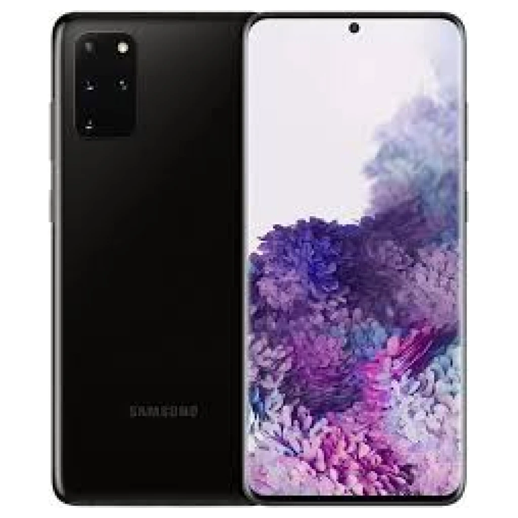 En Samsung Galaxy S20 Plus 6,7" smartphone i sort (Sort) med en tredobbelt kameraopsætning på bagsiden og et display, der viser et lilla og pink abstrakt design.