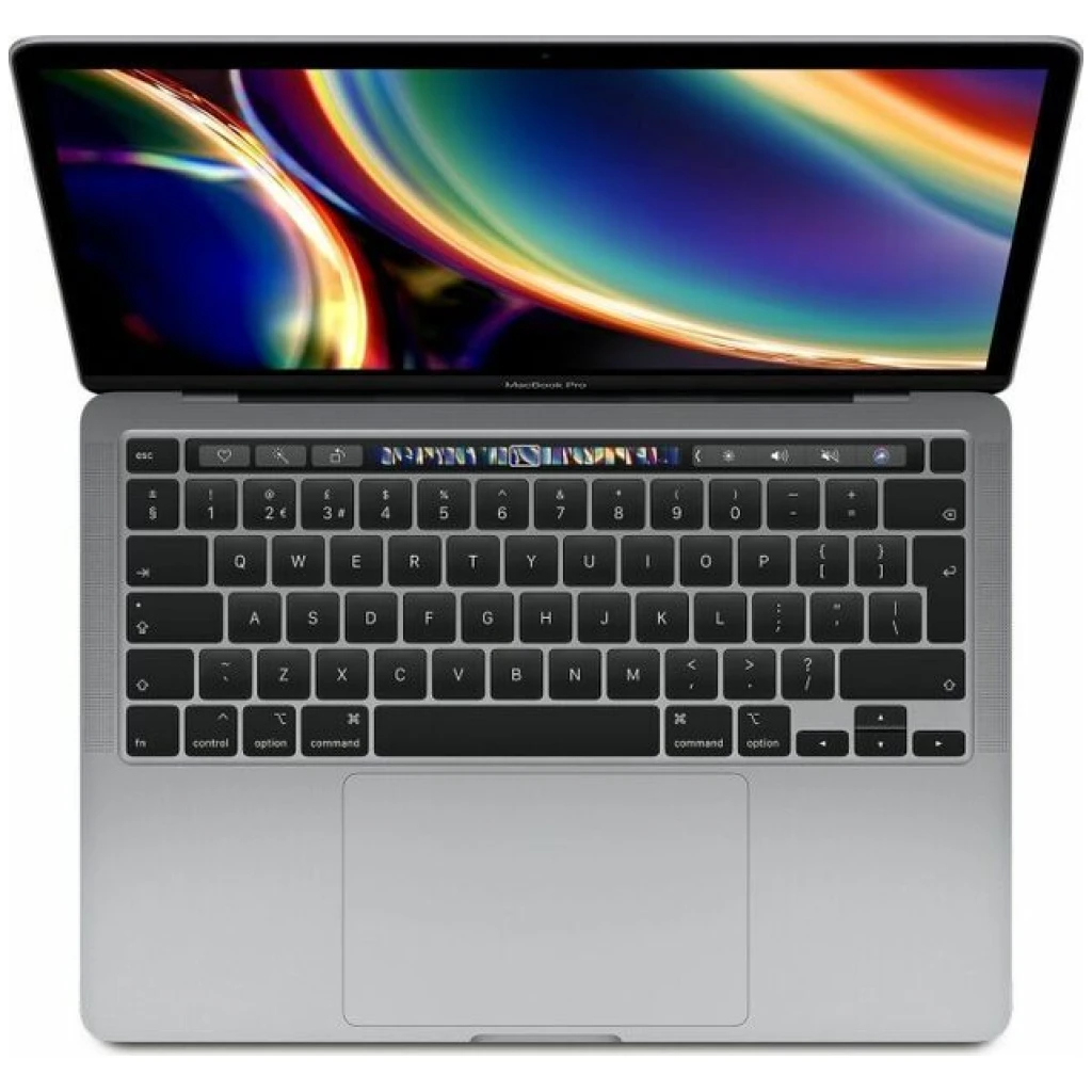 En sølvfarvet Apple MacBook Pro 13.3" (2020) med Touchbar, med en i5-processor, 8 GB RAM og en 256 GB SSD, er åben og set fra oven og viser dets sorte tastatur og flerfarvede skærm.