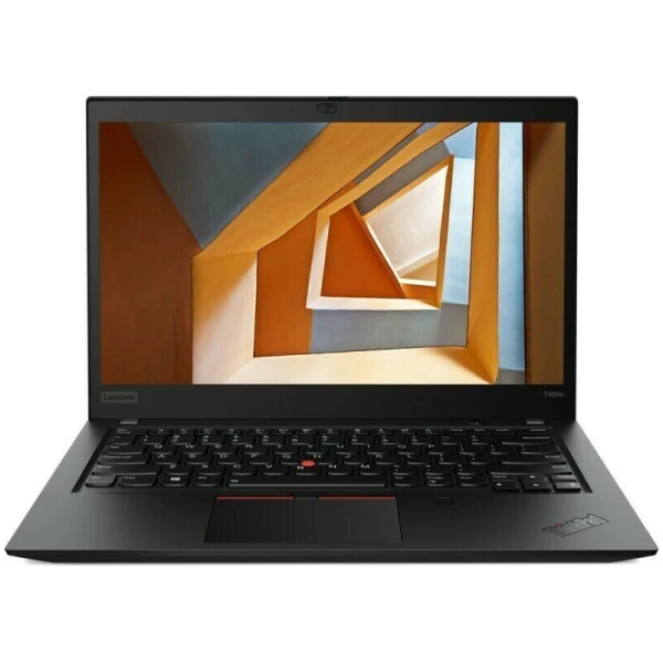 En bærbar Lenovo ThinkPad T495s med et abstrakt geometrisk design på dens berøringsskærm.