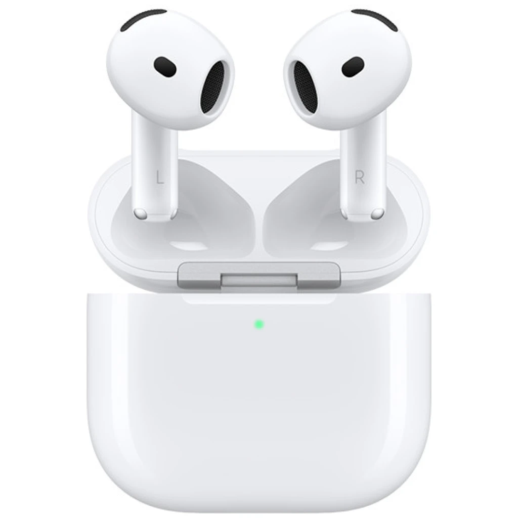 Et åbent opladningsetui, der viser et par Apple AirPods, 4. generation (2024) med u/ANC, med hvide trådløse øretelefoner med sort accent og et subtilt grønt indikatorlys.