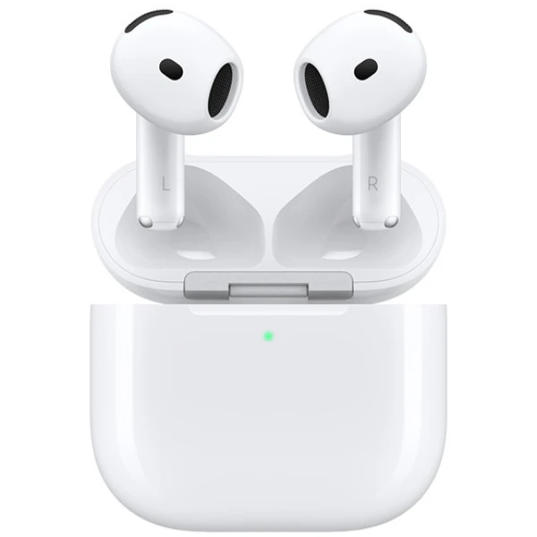 Et åbent opladningsetui, der viser et par Apple AirPods, 4. generation (2024) med u/ANC, med hvide trådløse øretelefoner med sort accent og et subtilt grønt indikatorlys.