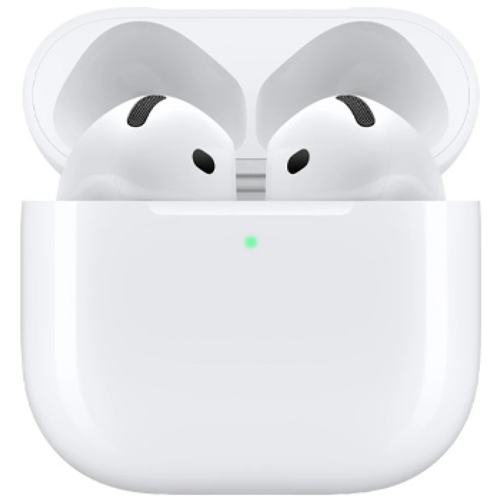 Apple AirPods, 4.gen (2024) - Standardmodel med hvide trådløse øretelefoner i et åbent opladningsetui med et synligt grønt indikatorlys.