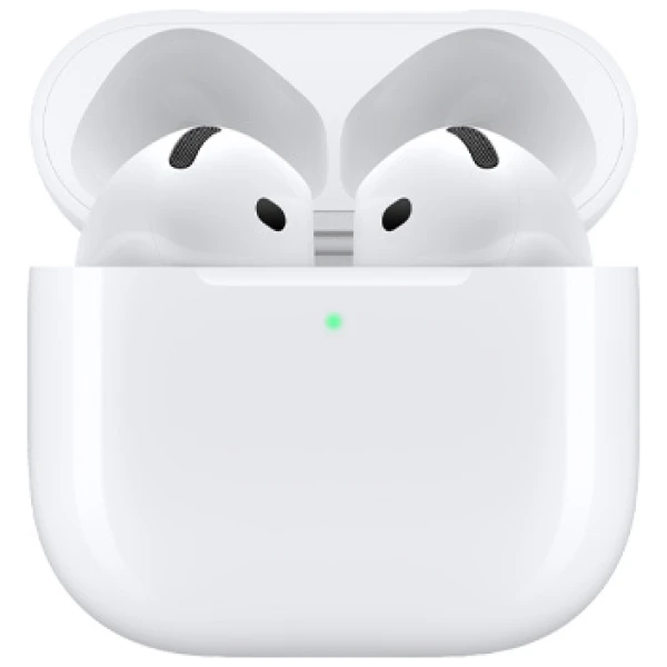 Apple AirPods, 4.gen (2024) - Standardmodel med hvide trådløse øretelefoner i et åbent opladningsetui med et synligt grønt indikatorlys.