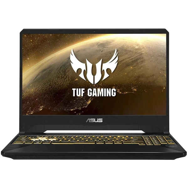 ASUS TUF Gaming FX505D bærbare computer, der har en gylden tastaturbaggrundsbelysning og viser "TUF Gaming"-logoet på skærmen, er også udstyret med R5- og GTX1650-specifikationer.