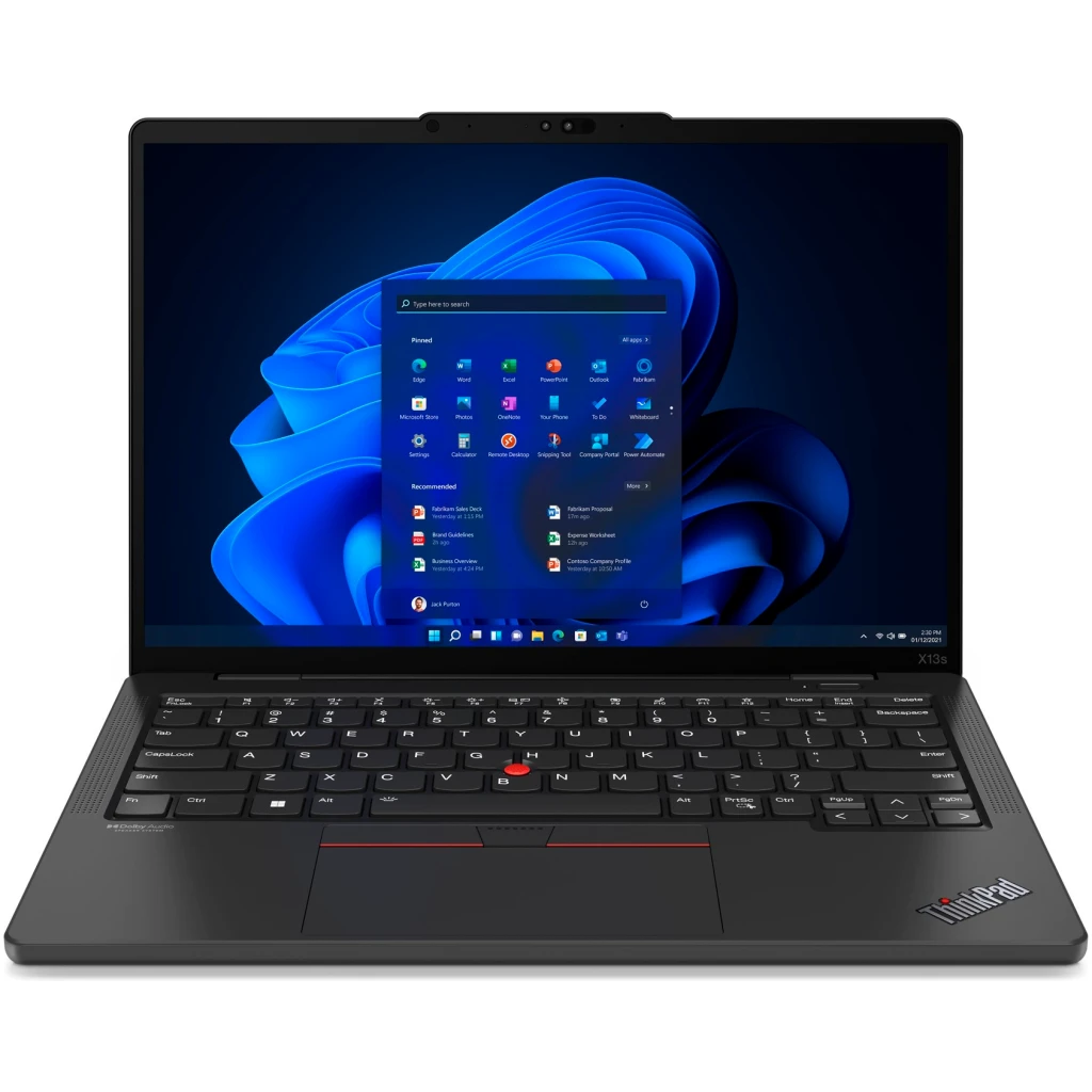 En Lenovo ThinkPad X13s Gen 1 vises med et åbent vindue på skærmen, med dets sorte tastatur og touchpad.