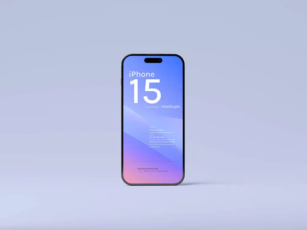 Mockup af en iPhone 15 med en blå og lyserød gradientskærm på en lysegrå baggrund.