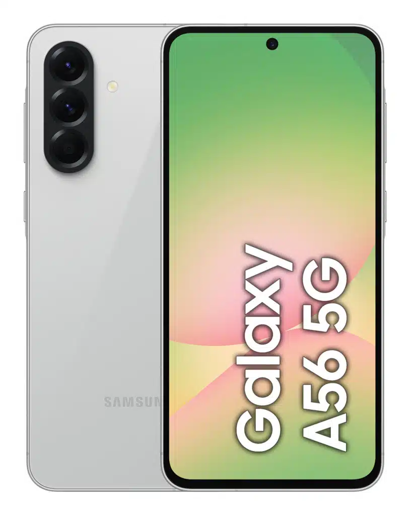Samsung Galaxy A56 17 cm (6.7") Dual SIM Android 15 5G USB Type-C 8 GB 128 GB 5000 mAh Lys grå 1 En hvid Samsung Galaxy A56 5G-smartphone vises bagfra og forfra med dens tredobbelte bagkameraopsætning og en skærm med teksten "Galaxy A56 5G".