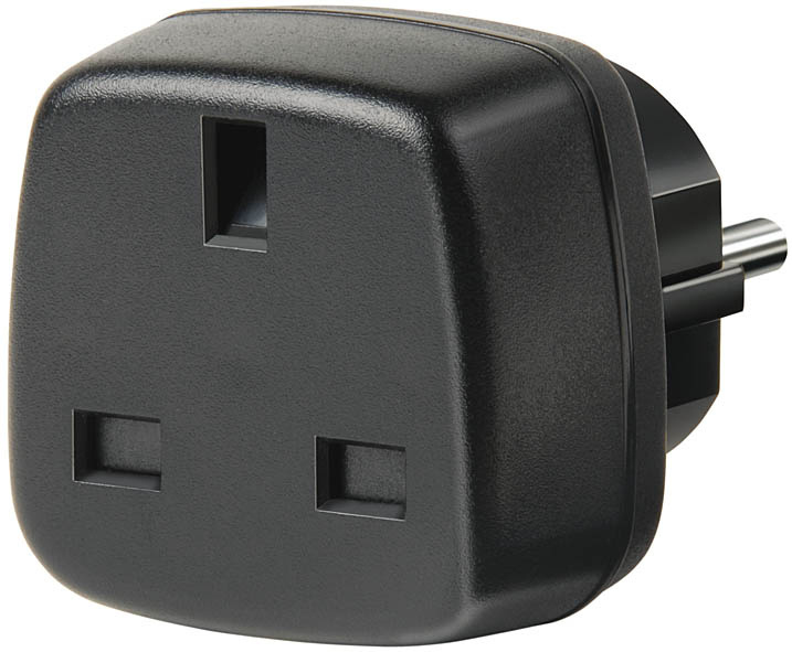 Brennenstuhl Travel Adapter GB/earthed strømadapter og vekselret Sort 1 Sort elektrisk stikadapter med britisk stik på forsiden og europæisk tobenet stik på bagsiden, designet til at forbinde britiske enheder til europæiske stikkontakter.