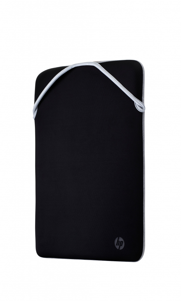 HP Reversible Protective 15,6" Silver Laptop Sleeve 3 Et sort HP laptop-sleeve med en hvid lynlås, der er delvist åbnet, vises på en almindelig hvid baggrund.