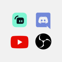 Fire app-ikoner: Streamlabs (øverst til venstre), Discord (øverst til højre), YouTube (nederst til venstre) og OBS Studio (nederst til højre) på en almindelig lys baggrund.