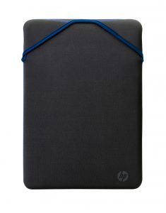 Et sort HP-sleeve til bærbare computere med blå kant og HP-logoet i nederste højre hjørne, vist med forsiden opad.