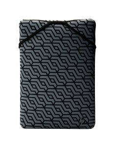 Et gråt HP-sleeve til bærbare computere med et sort geometrisk mønster og en diagonal elastisk strop i toppen.