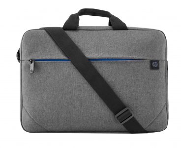En grå HP laptop-taske med en sort skulderrem, et håndtag øverst og en lynlåslomme foran med blå accent.