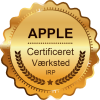 Guldmærke med stjerne og laurbærblade forneden, med teksten "APPLE Certificeret Værksted IRP.