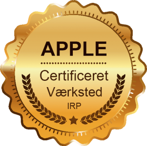 Guldmærke med stjerne og laurbærblade forneden, med teksten "APPLE Certificeret Værksted IRP.