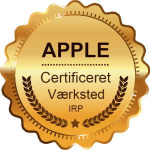 Guldmærke med stjerne og laurbærblade forneden, med teksten "APPLE Certificeret Værksted IRP.